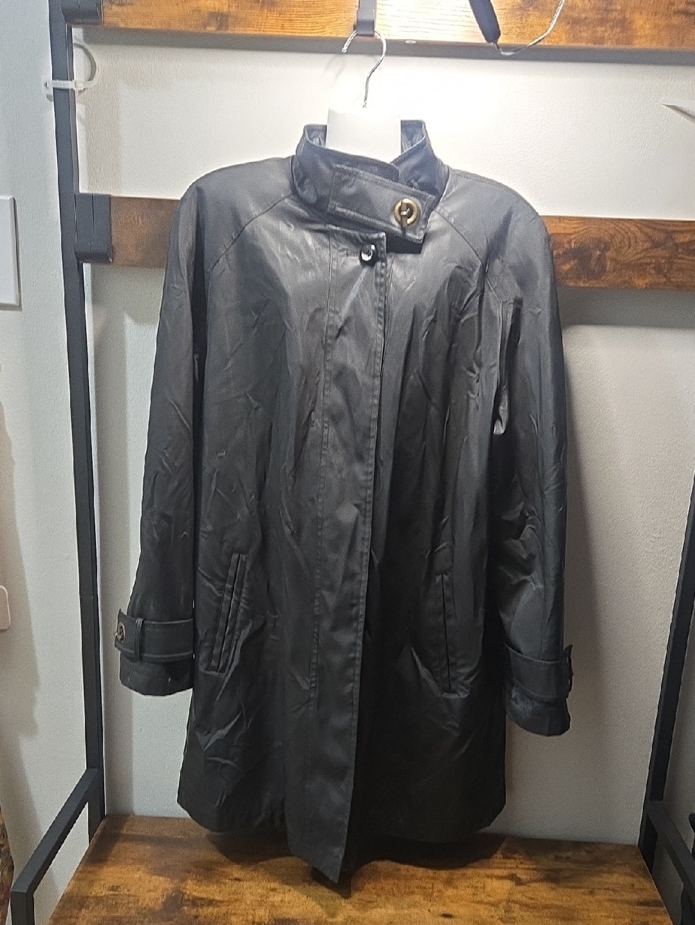 Laura Utex Black Faux Leather High-Collar Trench